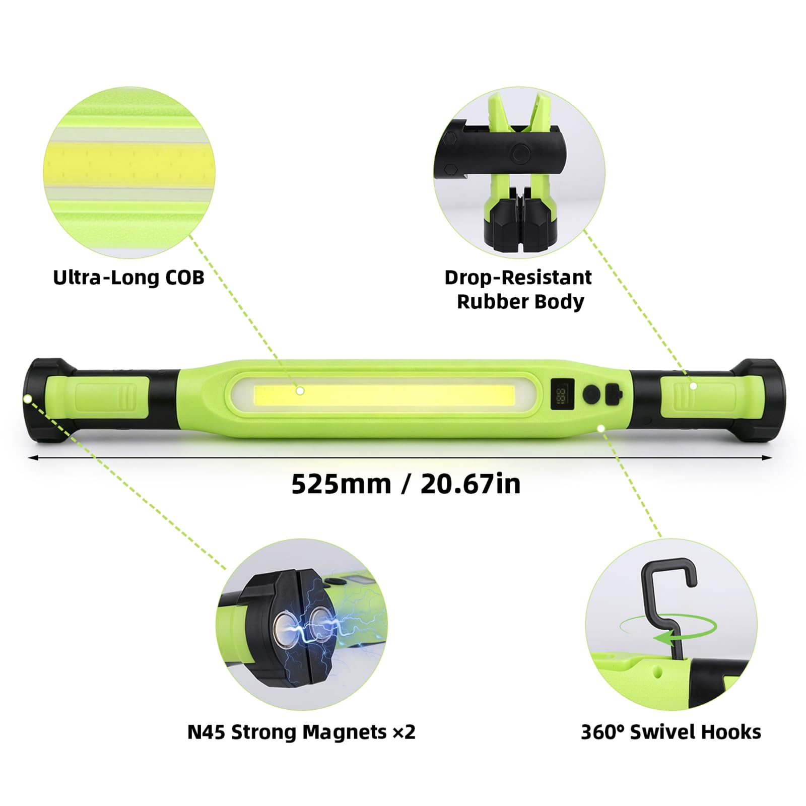 525 millimeter long COB work light with drop-resistant rubber body, two N45 magnets and 360 degree swivel hooks