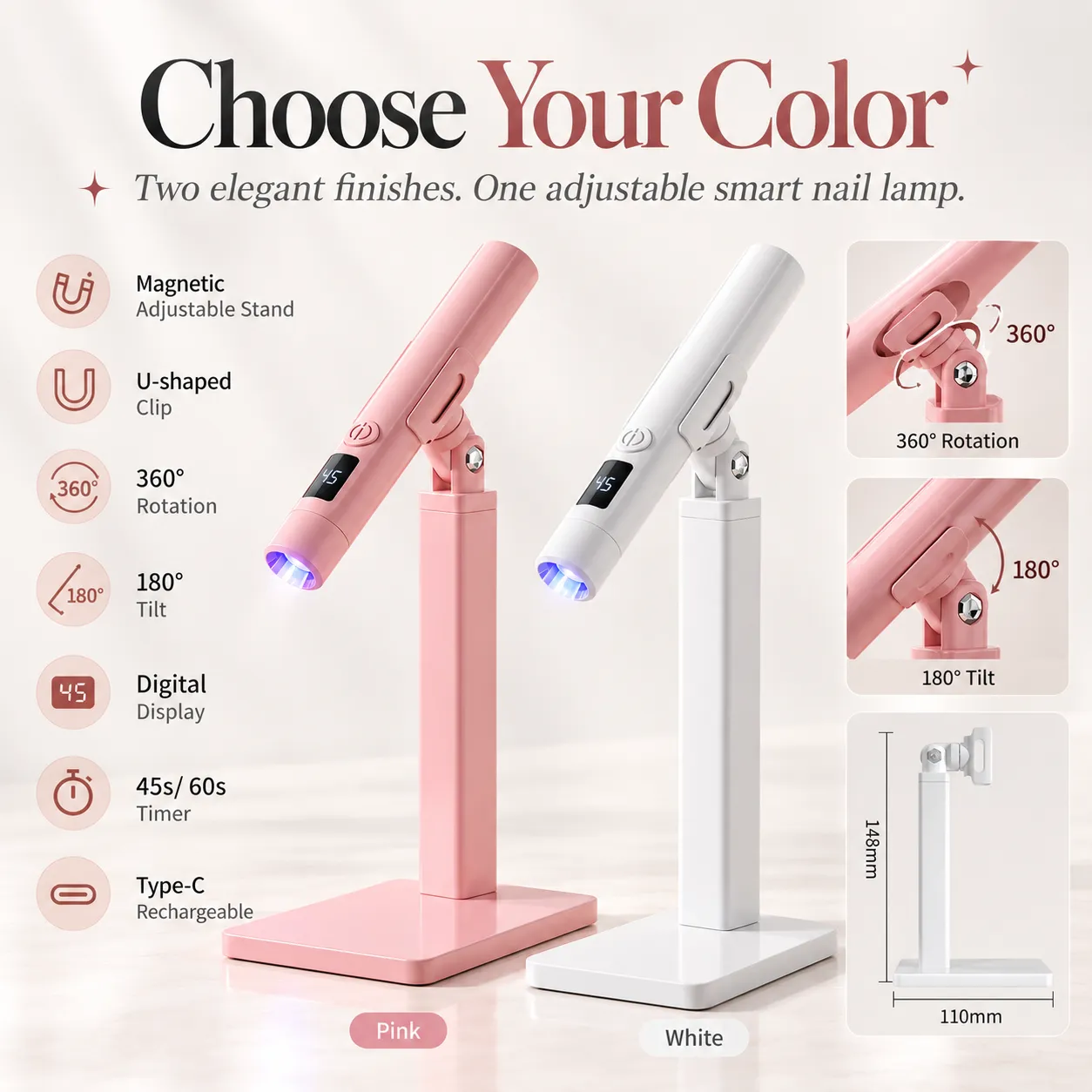 Adjustable nail lamp stand showing rotating joints