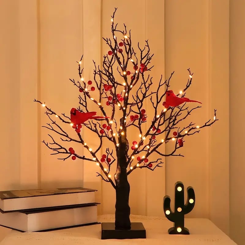 Close-up of warm LED lights on a vintage glowing holiday tree