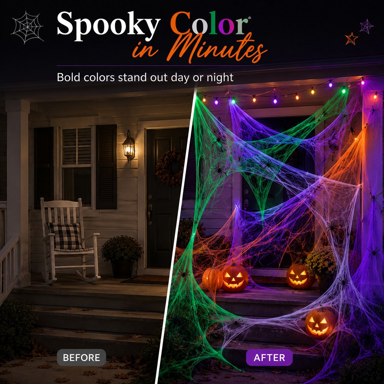 Colorful Halloween spider webs transforming a front porch