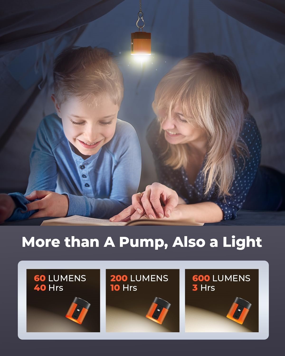 Portable air pump used as a hanging lantern inside a tent with 3 brightness modes