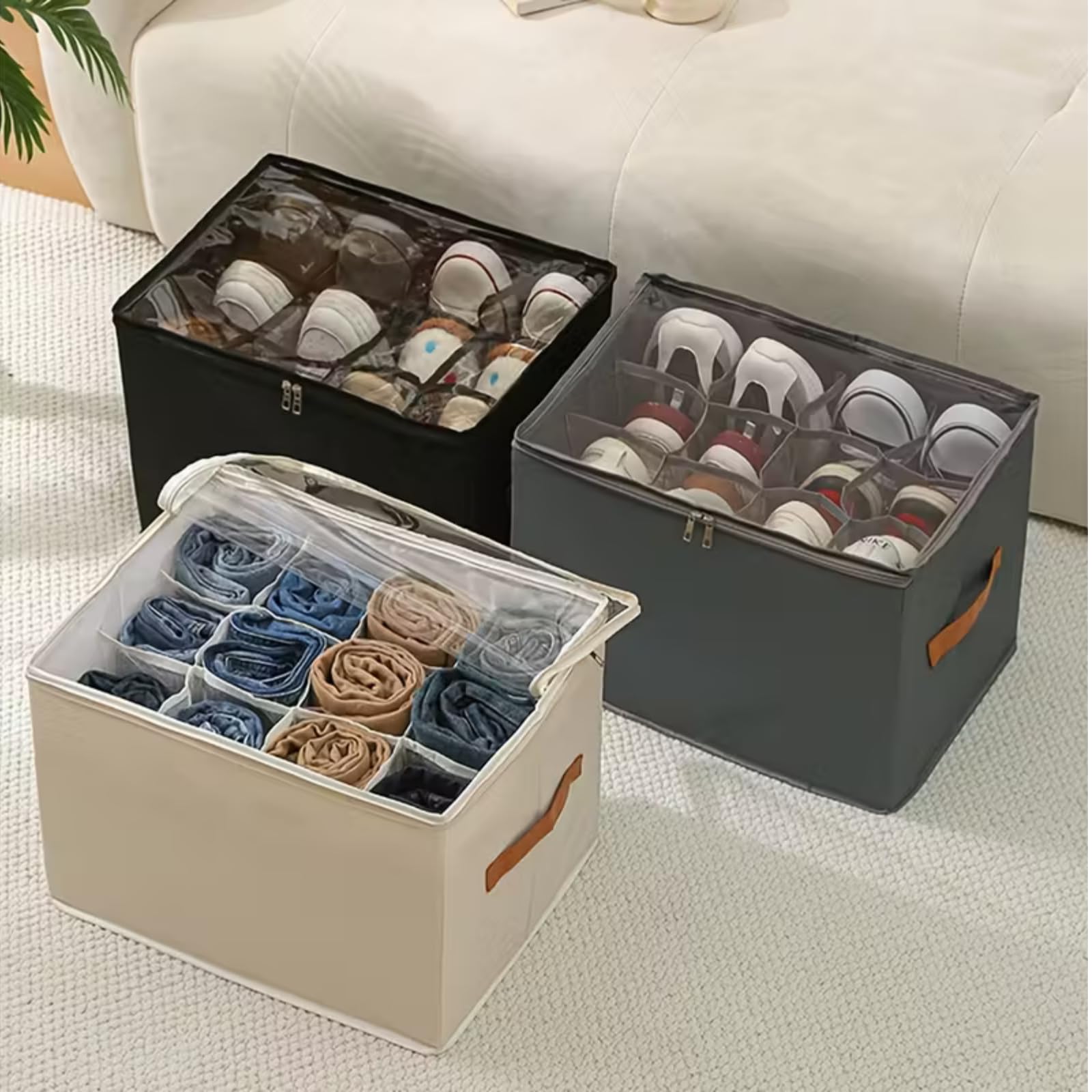 Multiple color options of storage boxes filled with jeans and sneakers