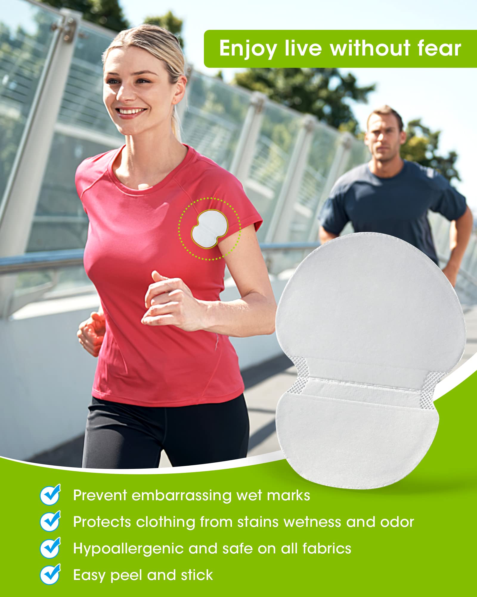 Woman running outside wearing sweat pads comfortably