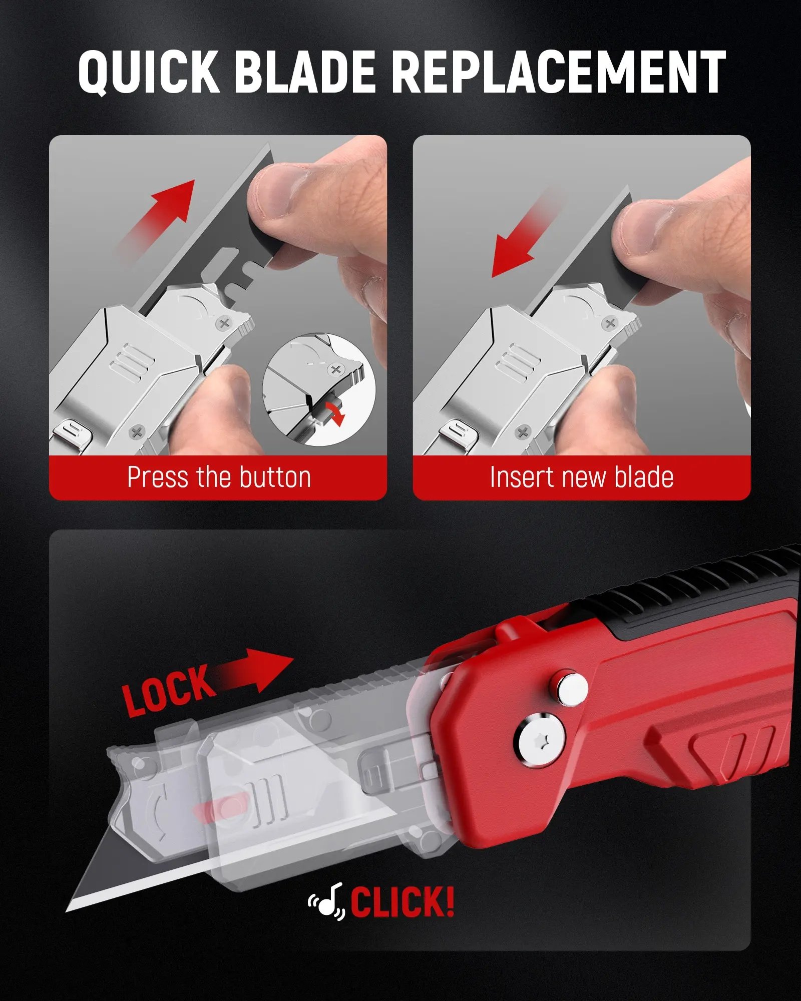 Quick blade replacement push button demonstration and click lock