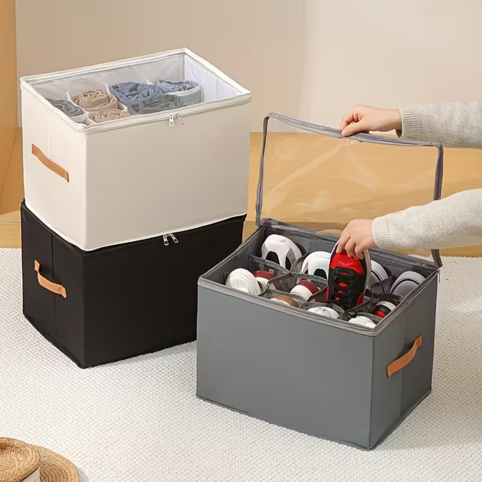 Stackable storage bins with clear tops