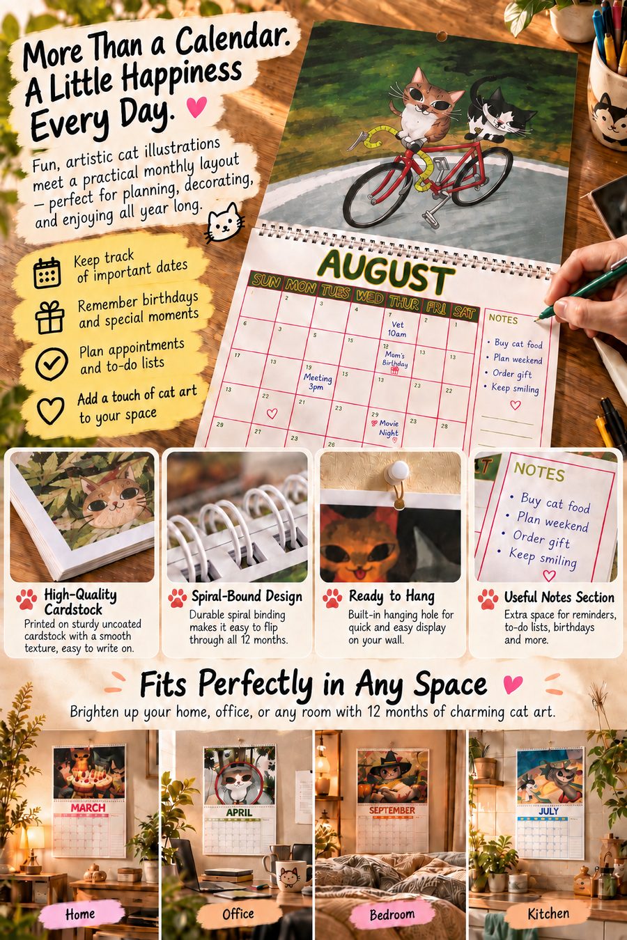 August cat calendar with feature callouts and room display ideas
