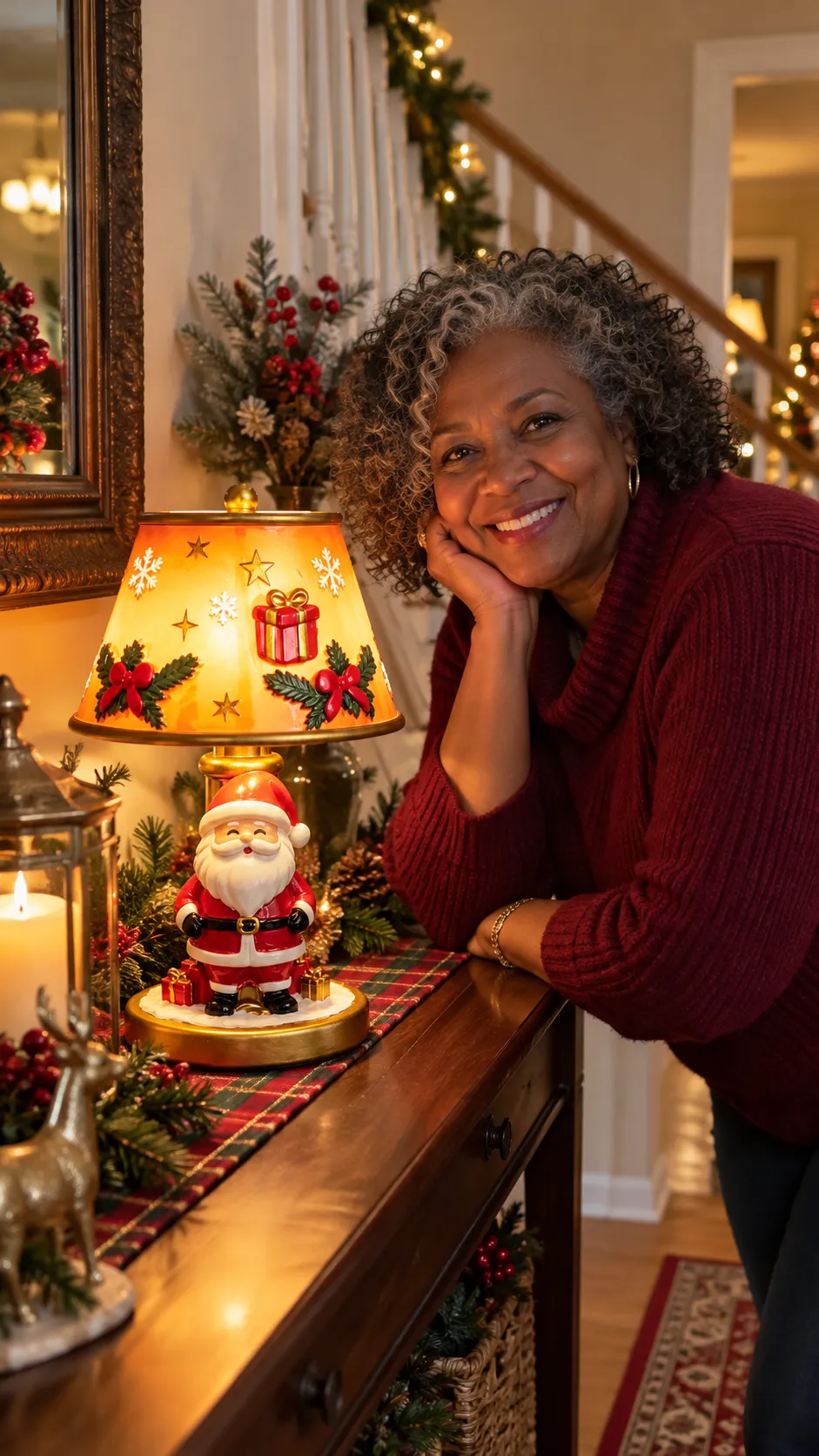 Smiling woman admiring the lit Santa Claus table lamp on a holiday entryway console