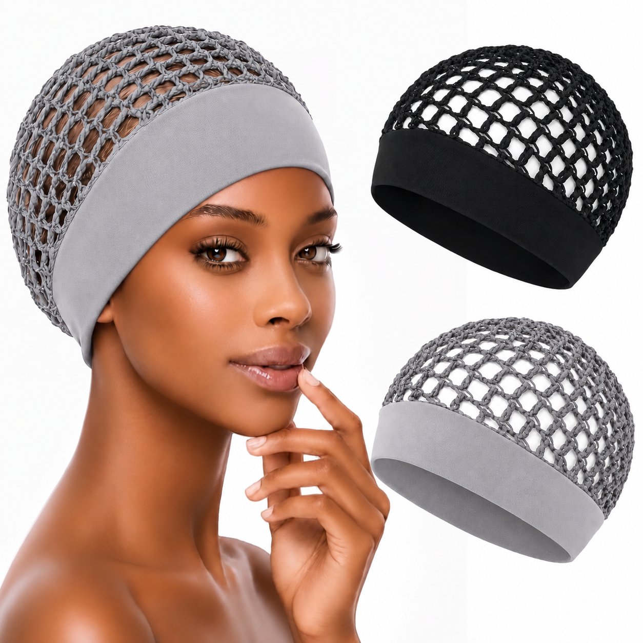 Black and purple two-pack of reusable crochet hair nets with a model wearing the purple cap