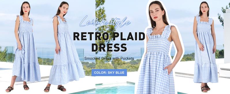Product Introduction of Chouyatou Women's Retro Plaid Smocked Dress Spaghetti Strap Flounce Long Dress 5