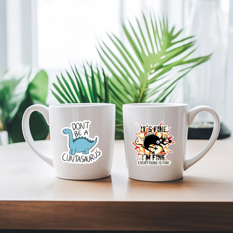 Ceramic coffee mugs personalized with witty text stickers
