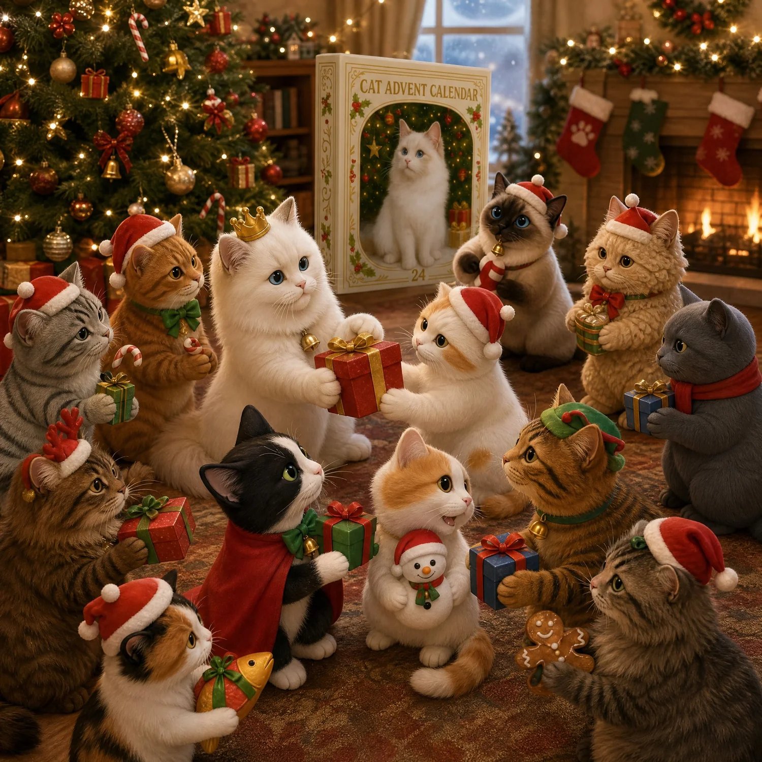 Child enjoying a cat advent calendar beside a Christmas tree Child enjoying a cat advent calendar beside a Christmas tree