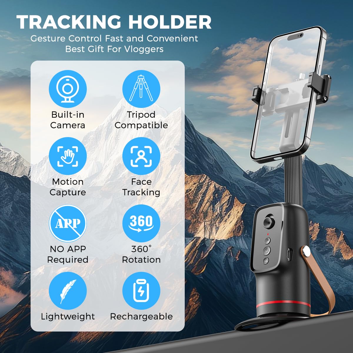 Rechargeable lightweight phone holder with a built-in tracking sensor and 360-degree rotation