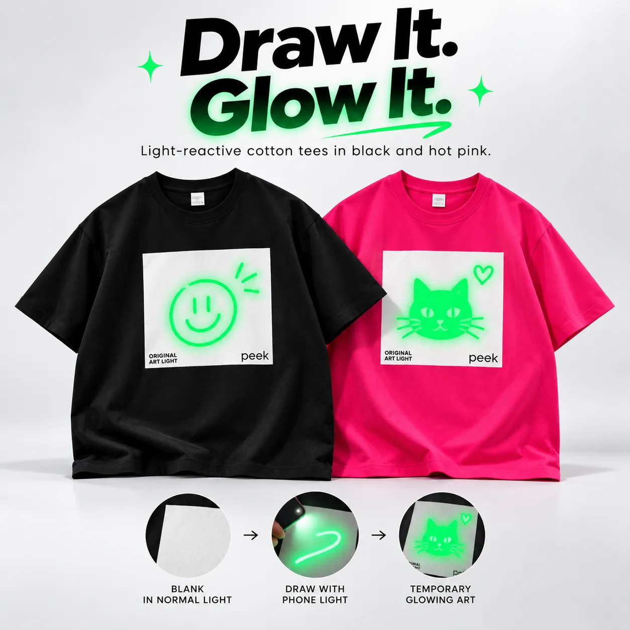 Draw It. Glow It. Light-reactive cotton tees in black and hot pink