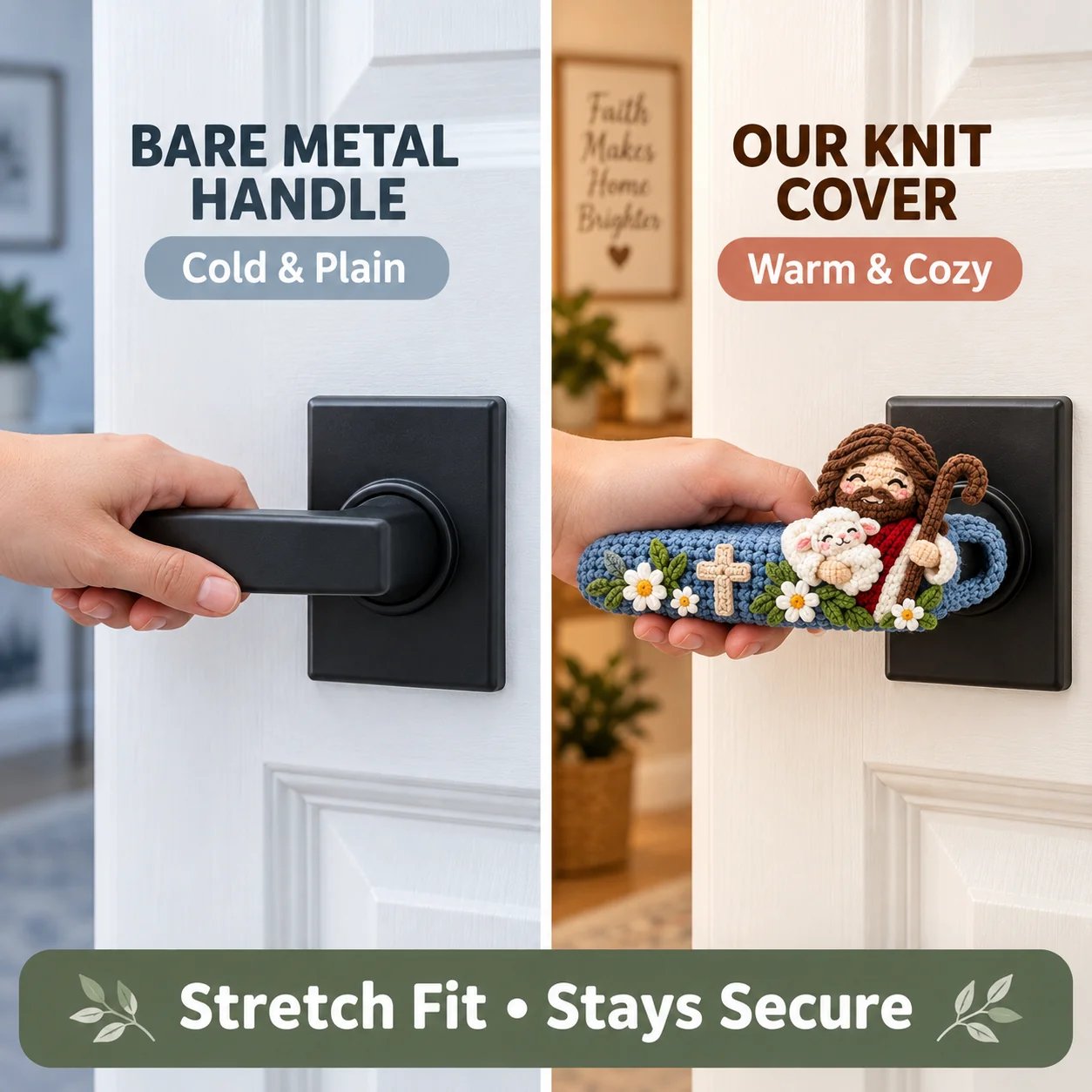 Fit and installation guide for the stretch crochet door handle cover.