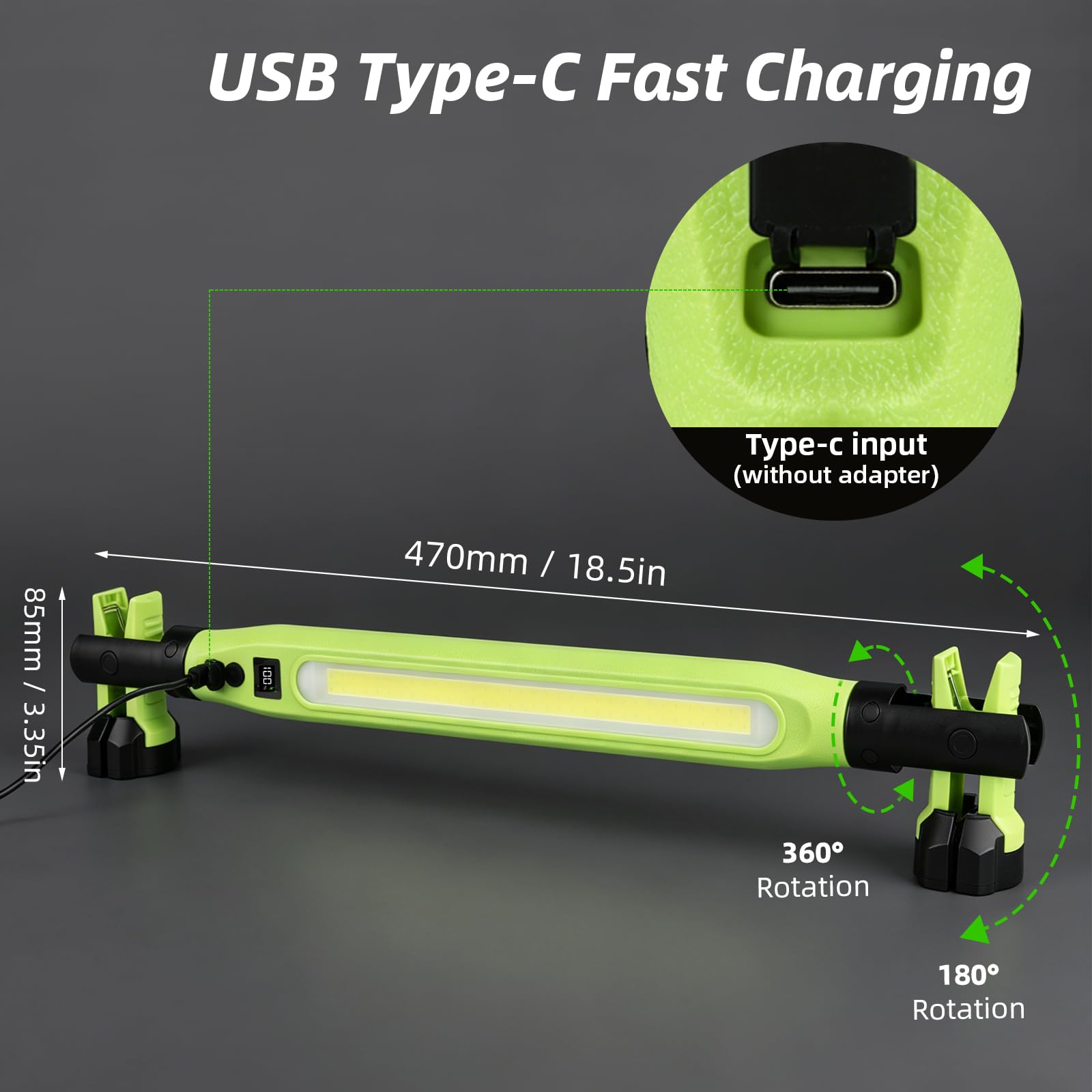 USB Type-C rechargeable work light showing 470 millimeter body, rotating ends and protected charging input