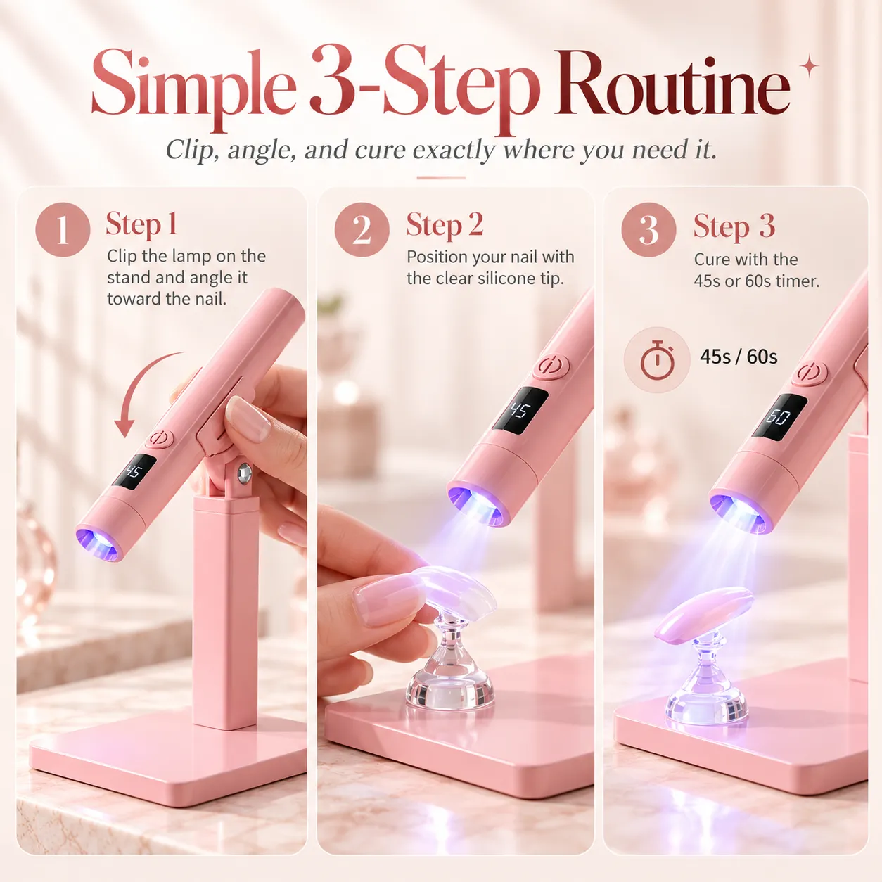 Transparent nail lamp tip shown with a manicure in progress