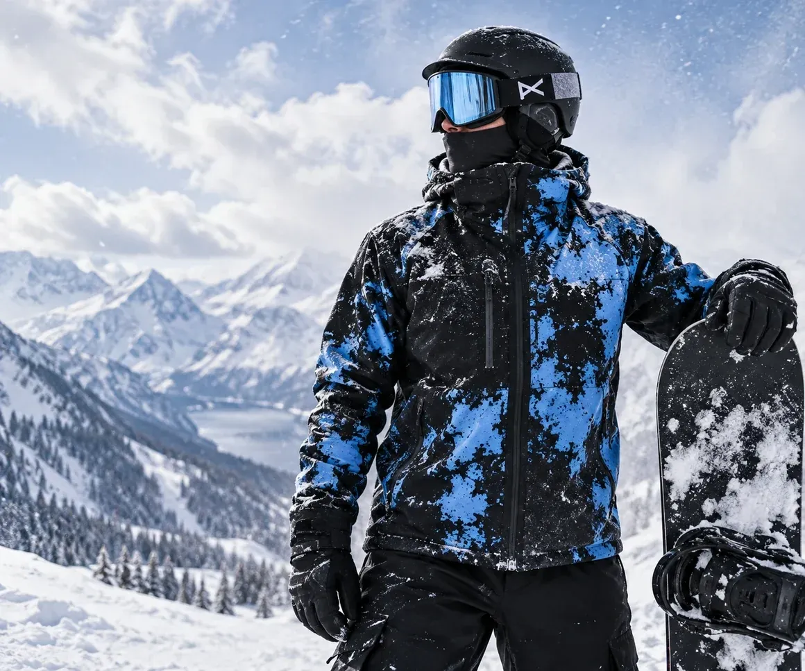 Wetterreaktive blaue Snowboardjacke auf dem Berg