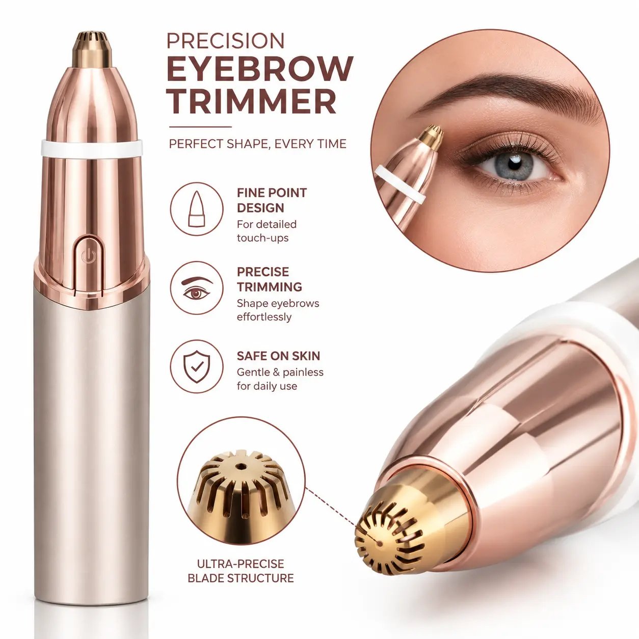 Complete 2-in-1 eyebrow and facial hair trimmer package with dual grooming heads, USB Type-C cable and cleaning brush
