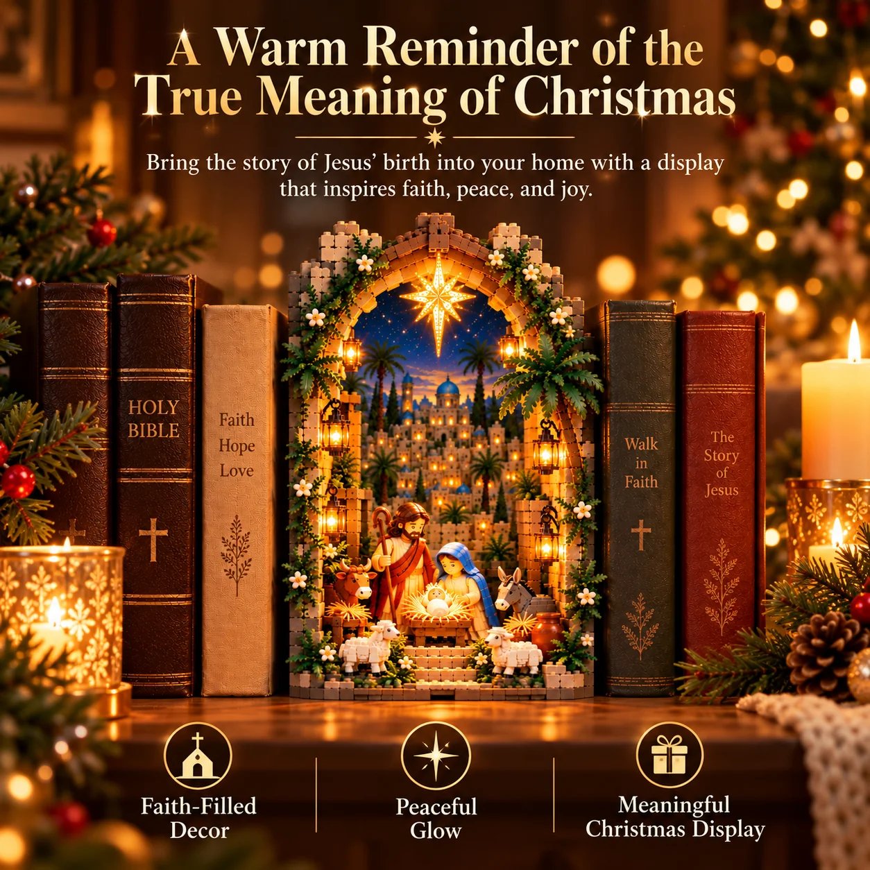 Lighted Bethlehem Nativity displayed as faith inspired Christmas decor