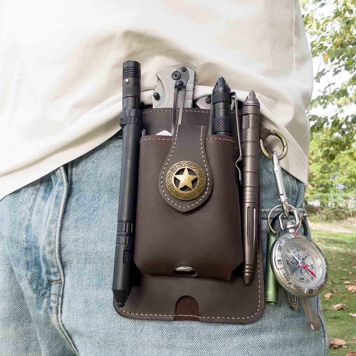 Vintage Cowhide Belt Waist Bag for Men - Multifunctional Phone & Card Holder with Keychain Genuine leather Belt Bag hiking waist bag Leather phone case with belt loops cell phone holster Keychain Holder bag  for Outdoor Hiking Travel bag hip