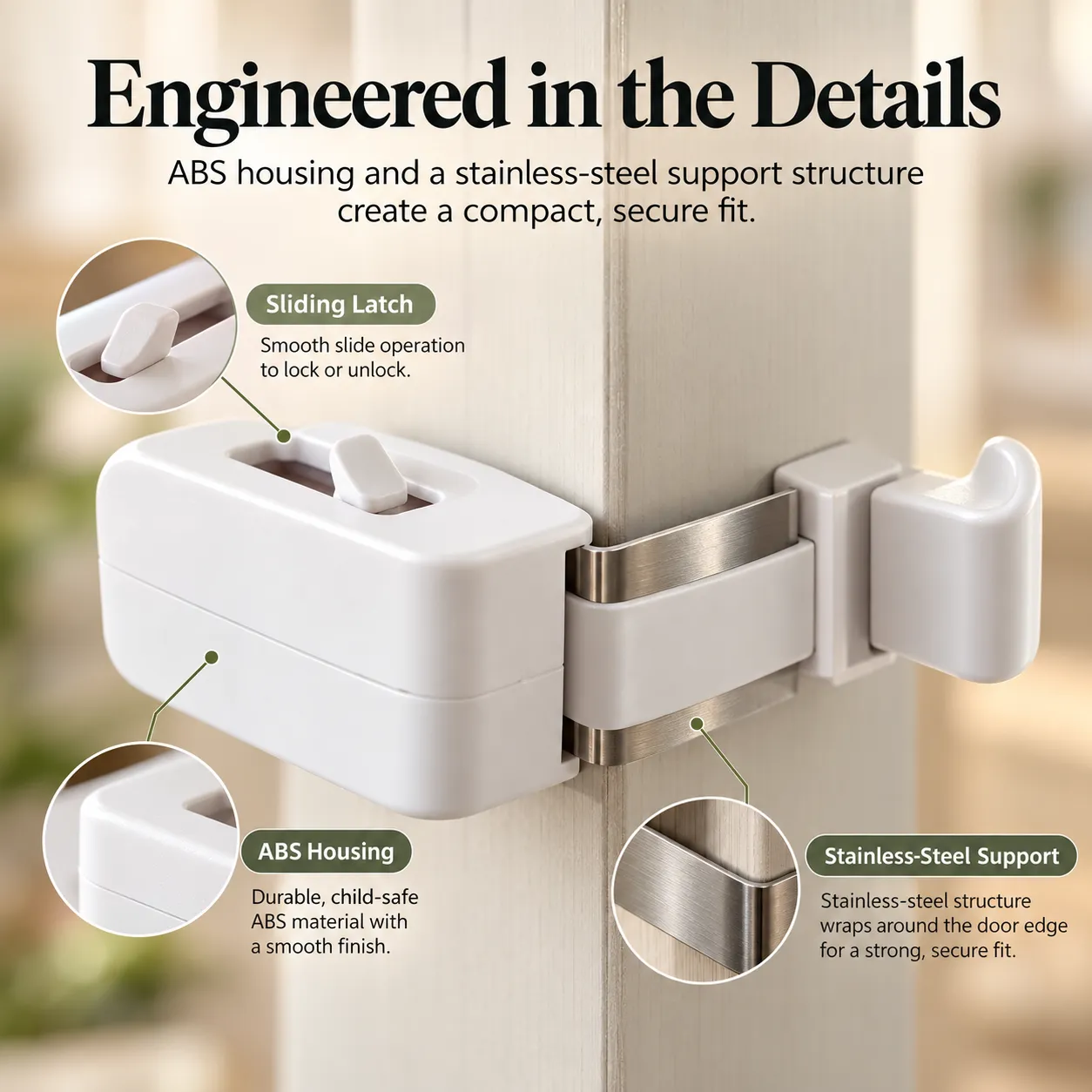 White safety latch shown in a home door setting
