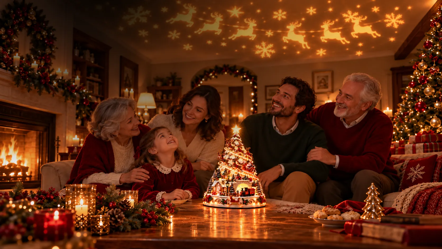 Christmas village decoration in a cozy living room