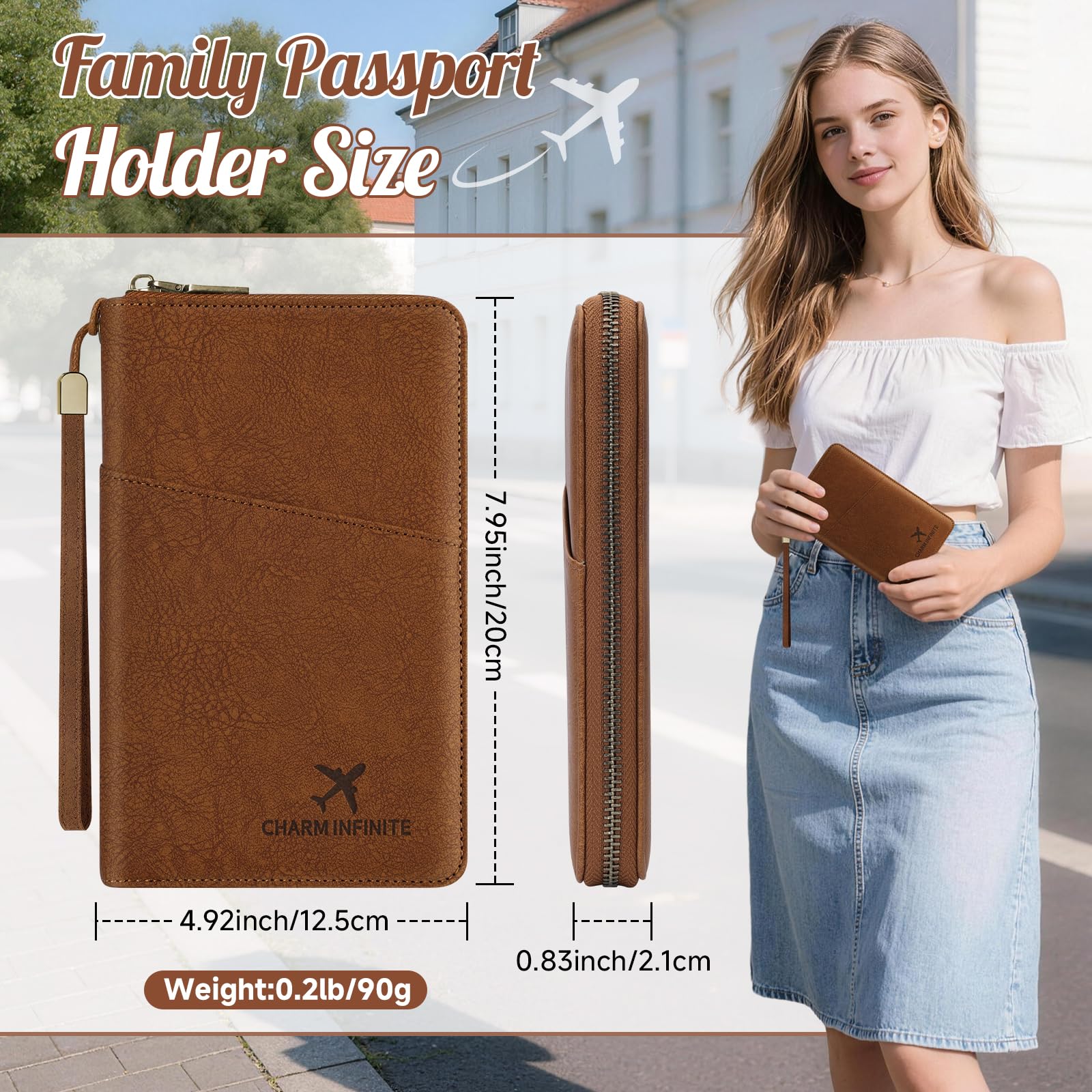 Brown passport wallet with front and side dimensions of 7.95 by 4.92 by 0.83 inches and a woman holding it