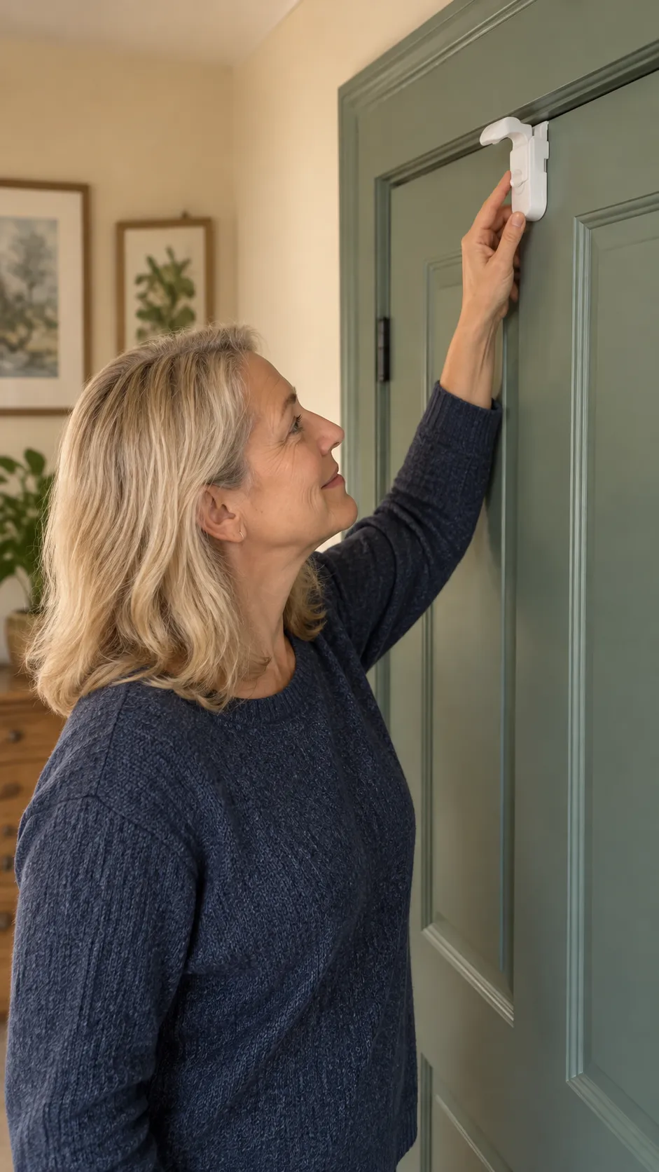 Vertical lifestyle scene featuring the white door latch in a home