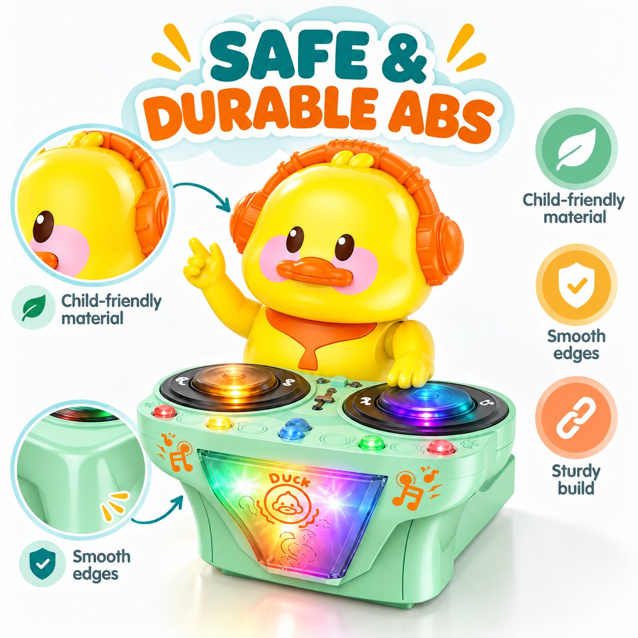 DJ duck toy with close-up views of its ABS body, smooth edges and rounded mint-green console