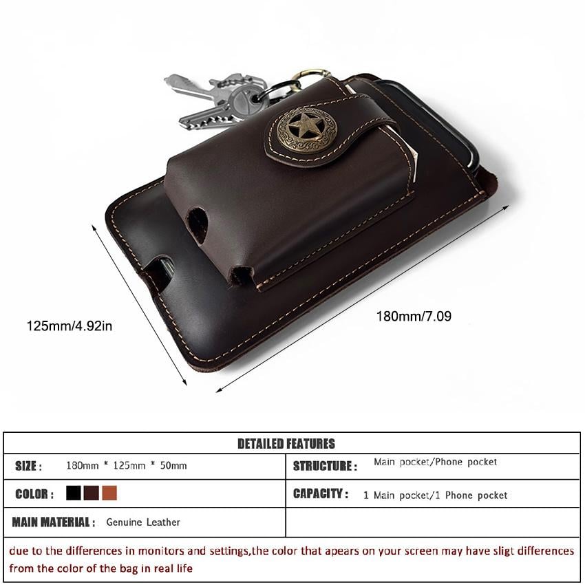 Vintage Cowhide Belt Waist Bag for Men - Multifunctional Phone & Card Holder with Keychain Genuine leather Belt Bag hiking waist bag Leather phone case with belt loops cell phone holster Keychain Holder bag  for Outdoor Hiking Travel bag hip