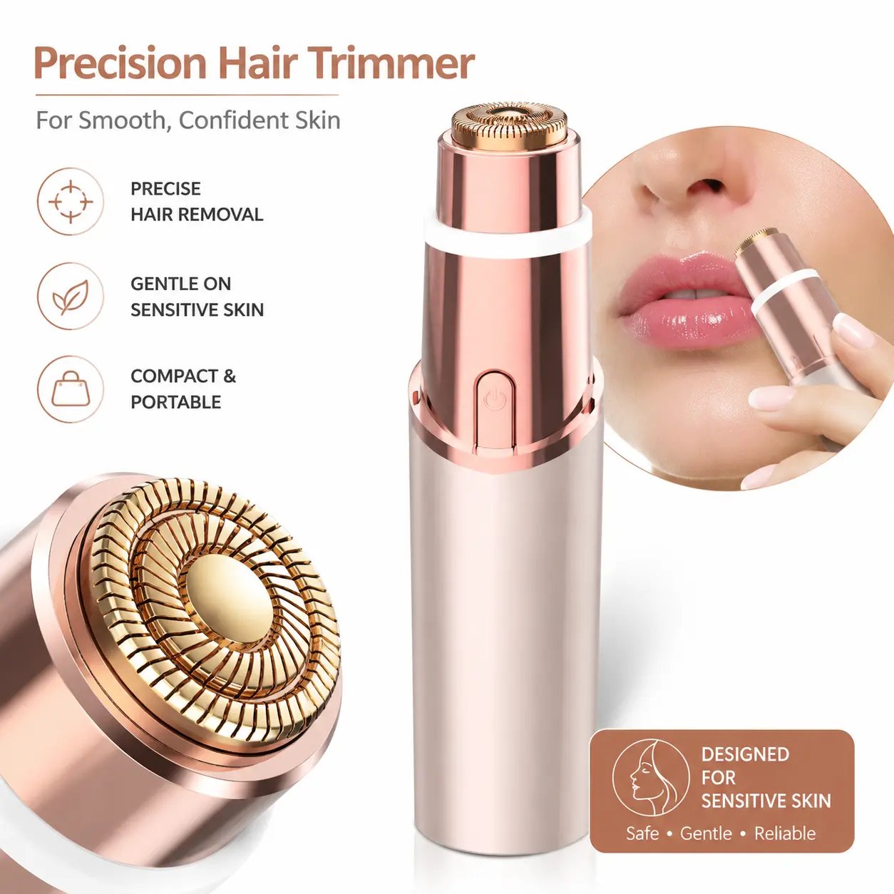 Close-up of the circular precision facial hair trimmer head being used near the upper lip
