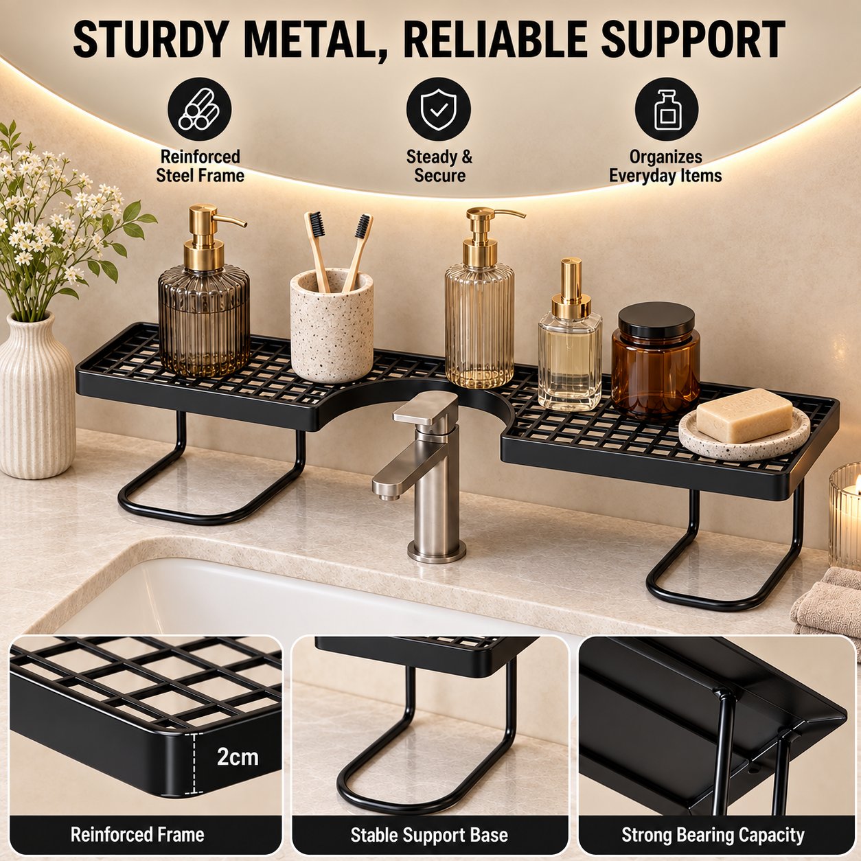 Reinforced steel over-faucet organizer with stable support bases and 2 cm frame
