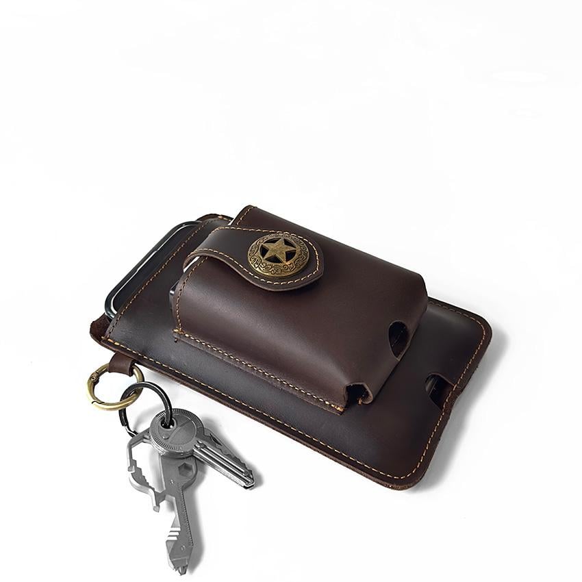 Vintage Cowhide Belt Waist Bag for Men - Multifunctional Phone & Card Holder with Keychain Genuine leather Belt Bag hiking waist bag Leather phone case with belt loops cell phone holster Keychain Holder bag  for Outdoor Hiking Travel bag hip