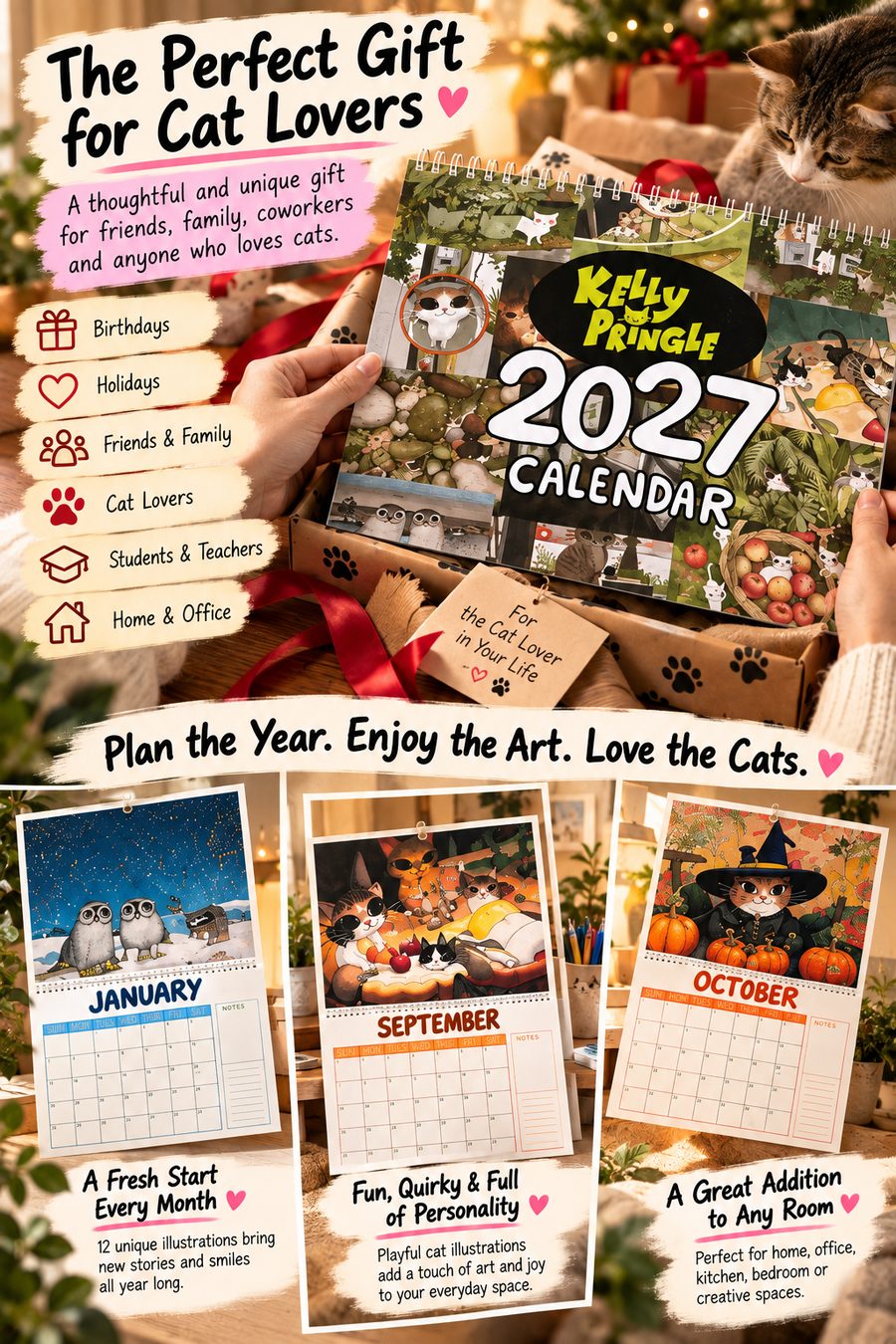 Kelly Pringle 2027 Cat Calendar presented as a gift for cat lovers