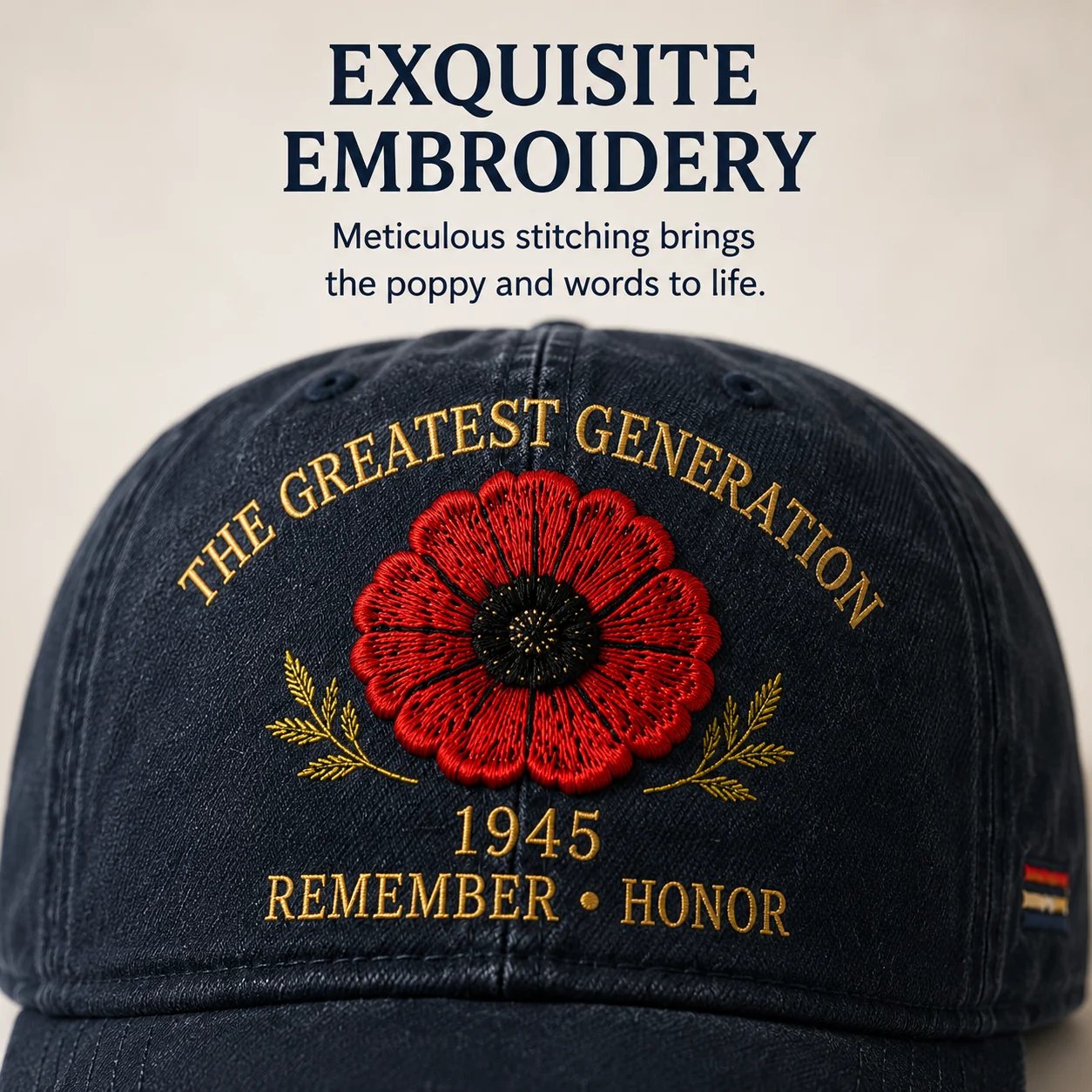 Close up red poppy embroidery on remembrance cap
