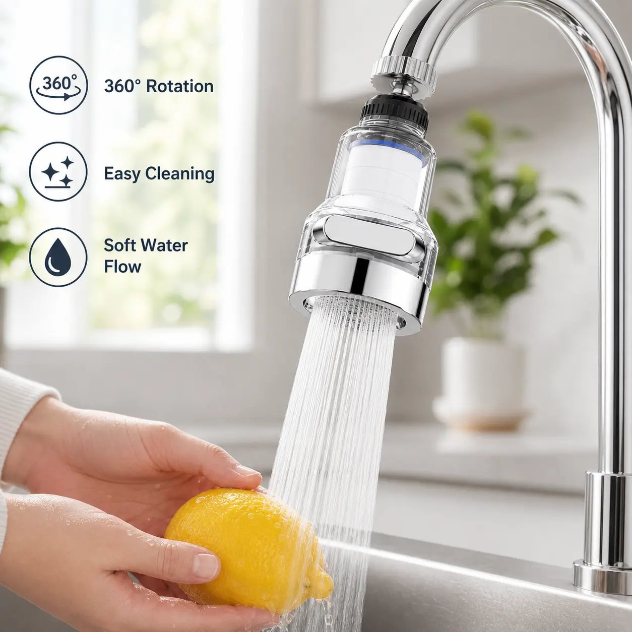 Rotating kitchen faucet aerator producing a gentle water stream while washing a lemon