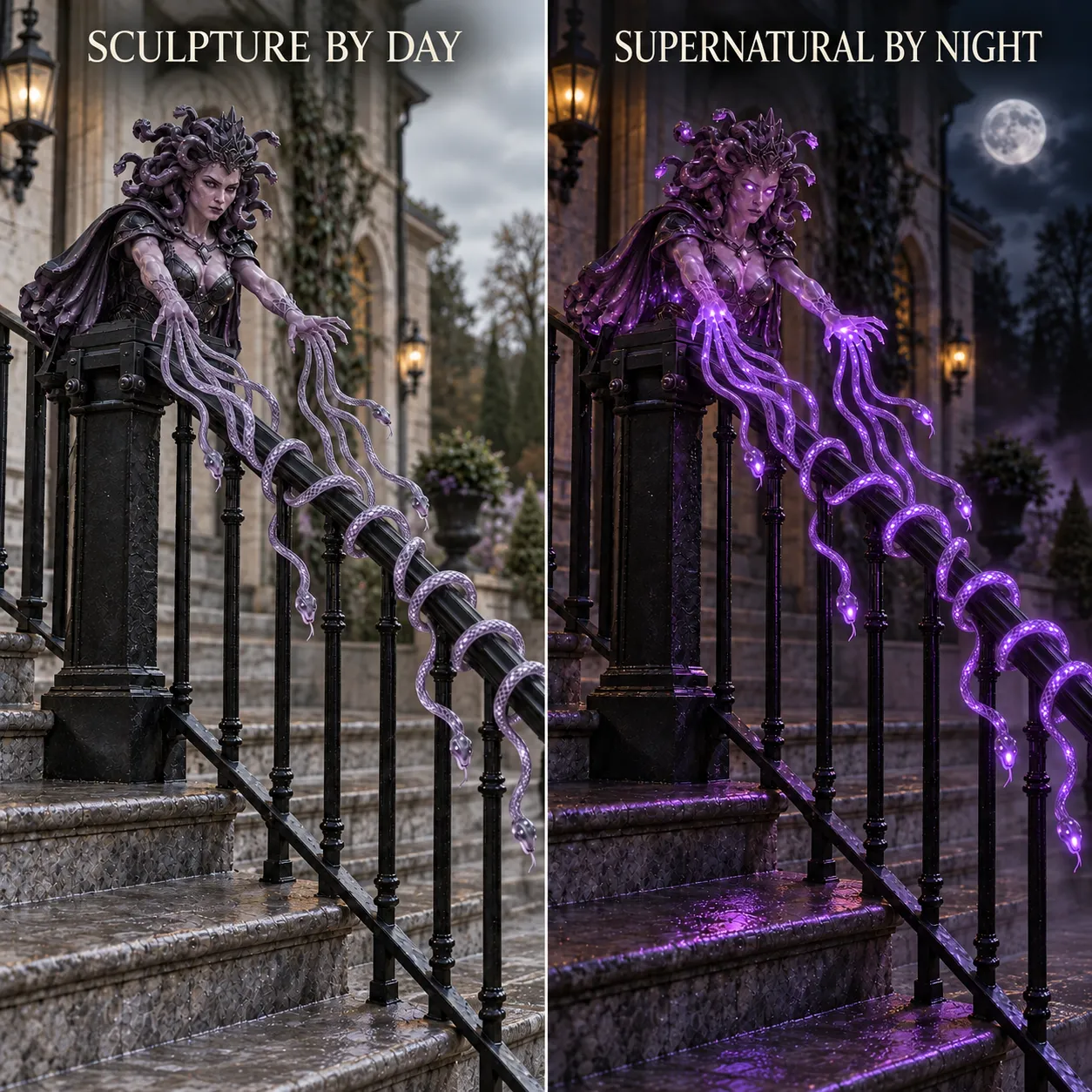 Medusa snake railing light Halloween entrance display