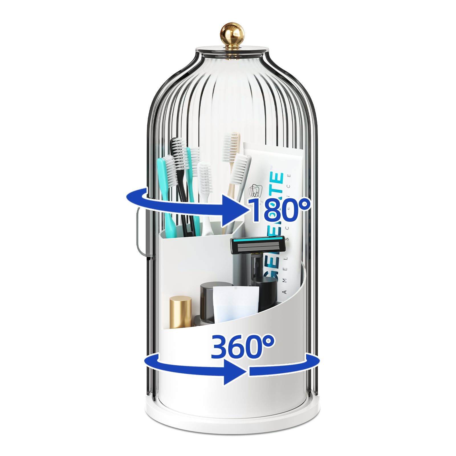 White covered rotating toothbrush holder with a 180 degree cover and 360 degree base