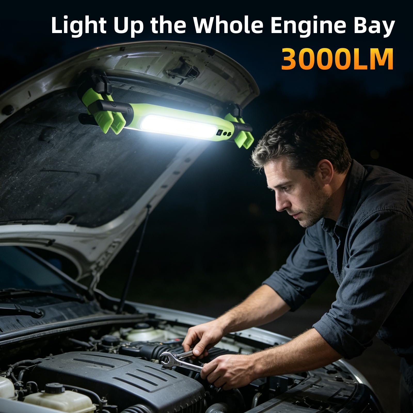 3000 lumen rechargeable under hood work light illuminating a full engine bay