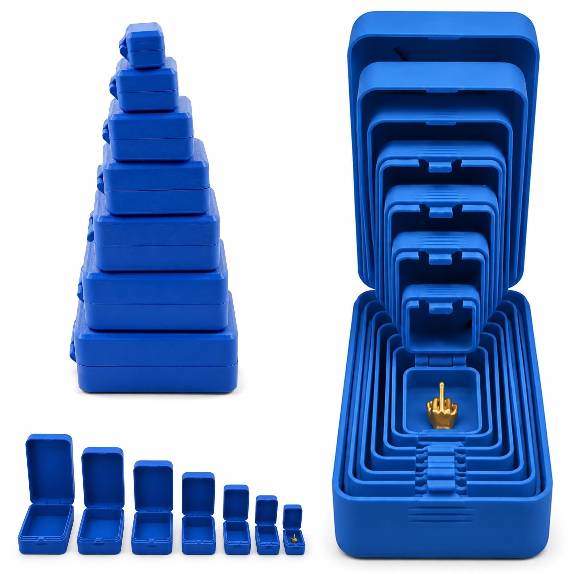 Blue seven-piece nesting prank box set shown stacked, open and nested