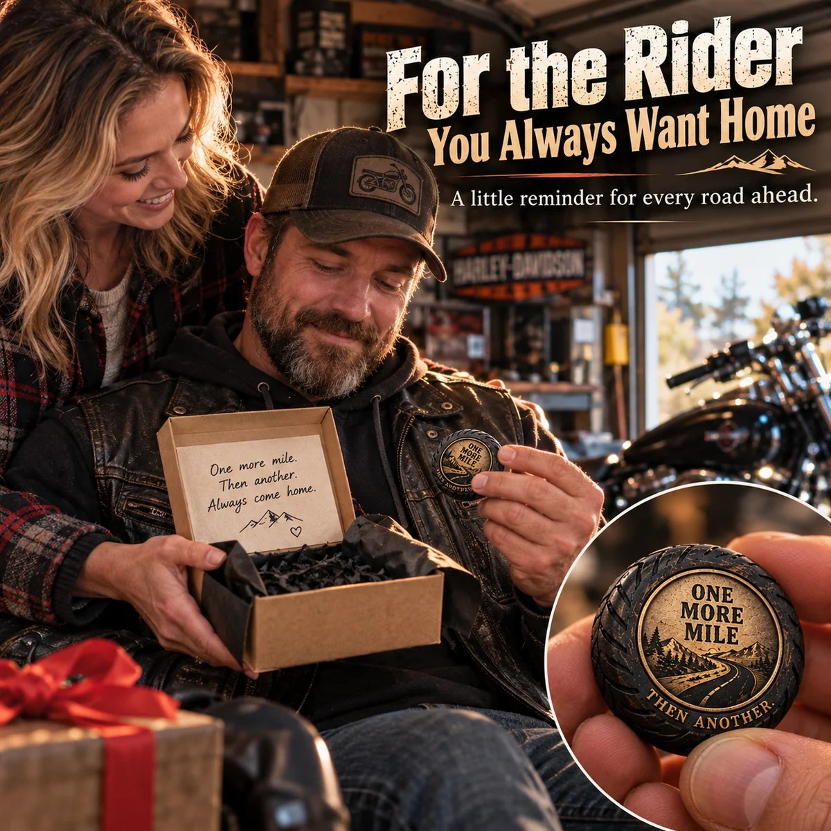 Woman giving the One More Mile pocket hug to a motorcycle rider as a gift