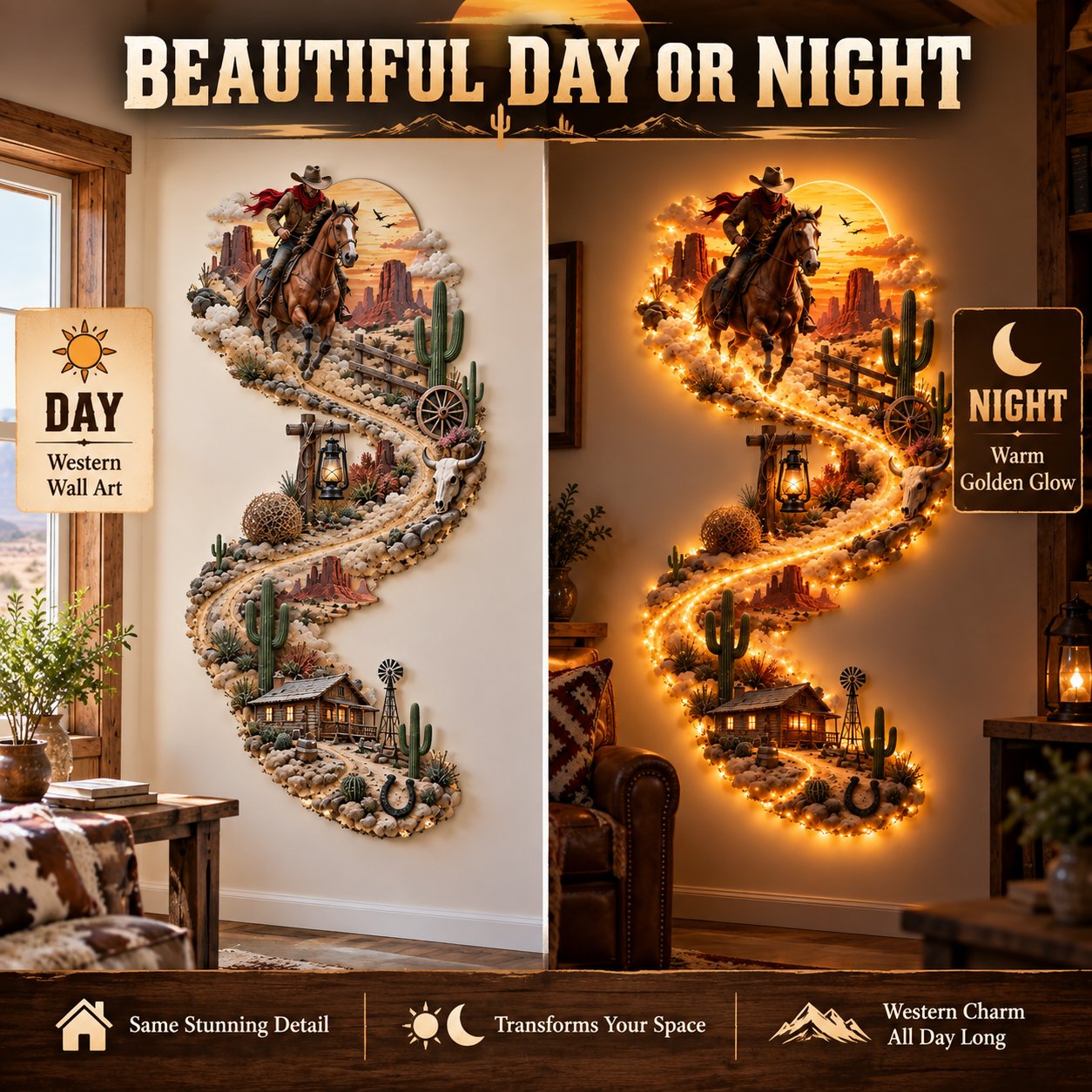 Western LED wall art illuminated at night