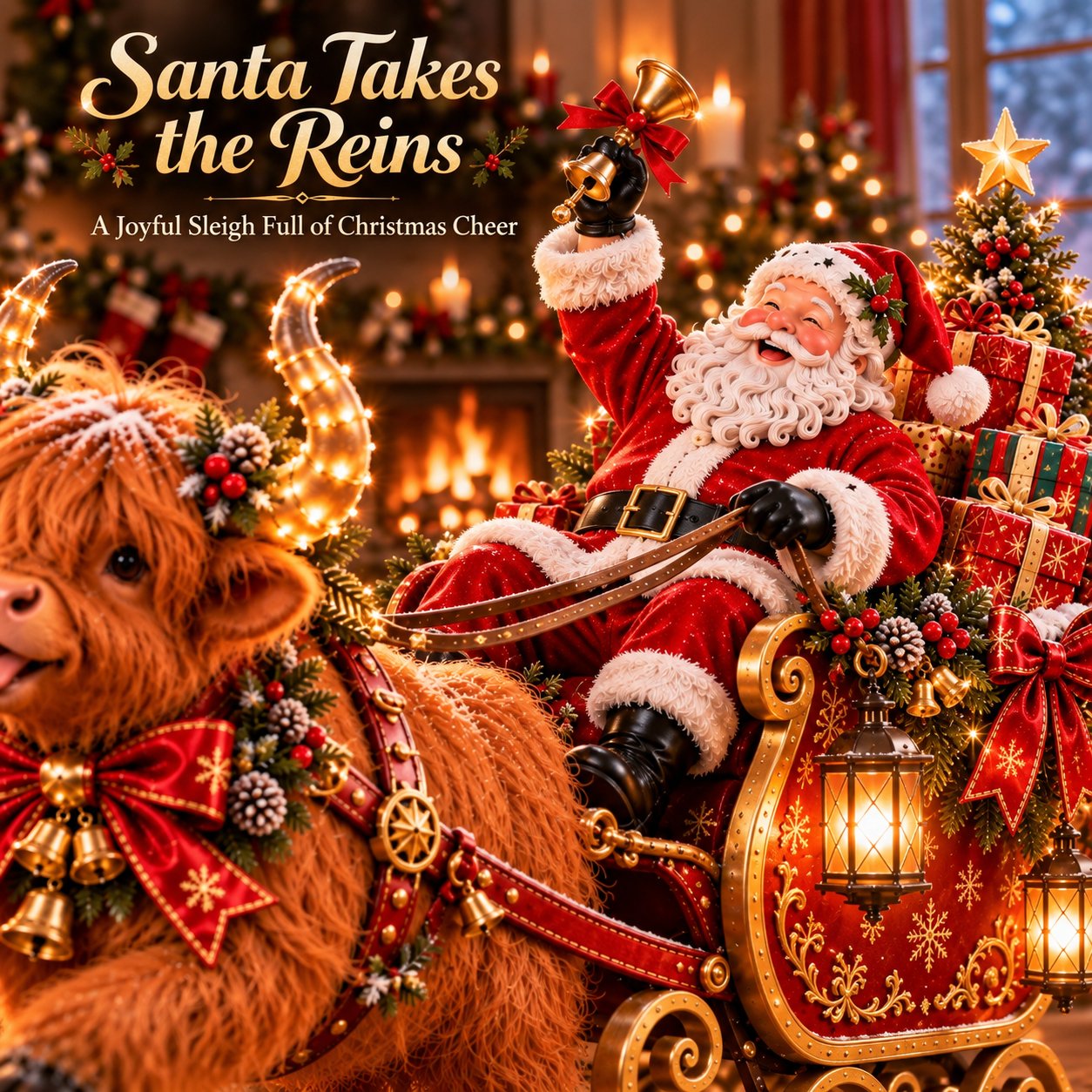 Santa riding in a red and gold Highland cow sleigh