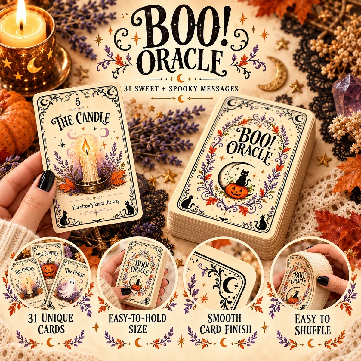 Detail view of the Halloween oracle deck