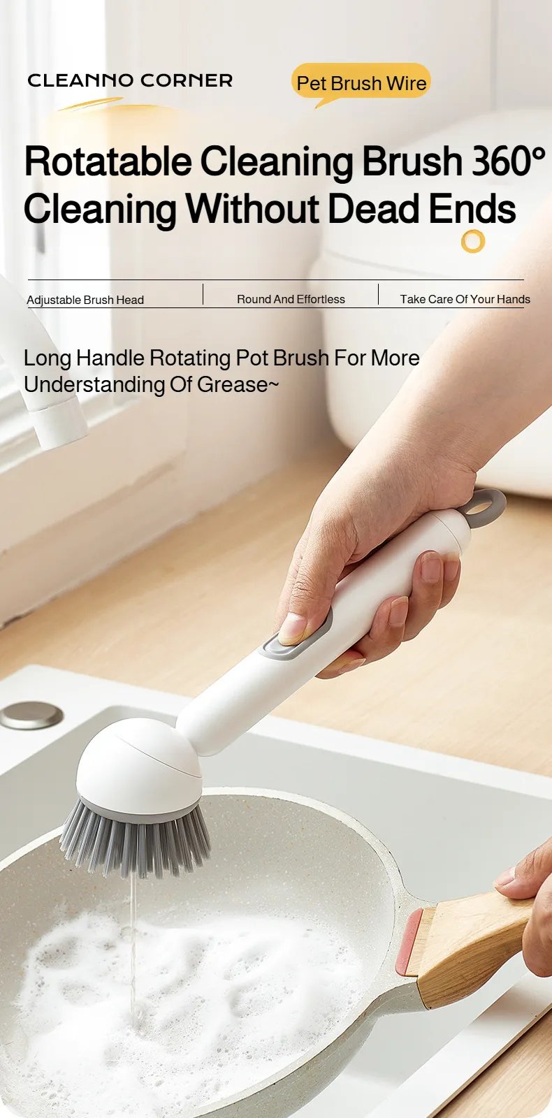 Kitchen Plus brush scrubbing a stainless steel pot
