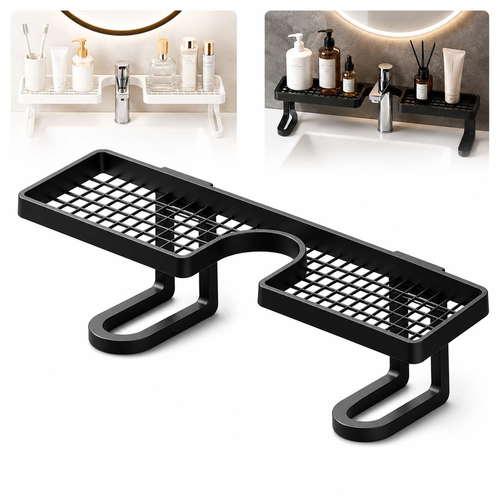 Black U-shaped over-the-faucet sink shelf with two wide storage areas