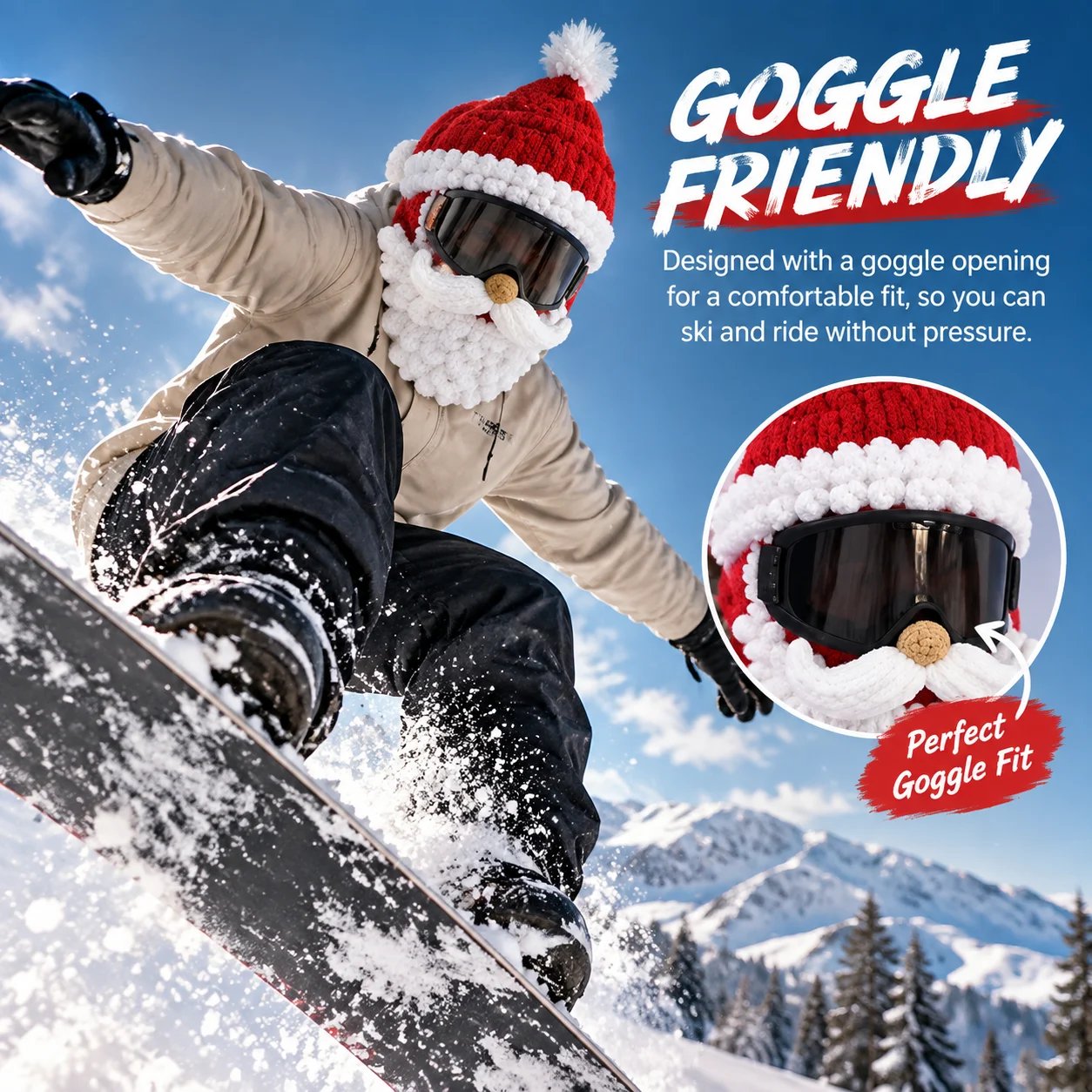 Santa ski mask worn with goggles, showing the dedicated eye opening Santa ski mask worn with goggles, showing the dedicated eye opening
