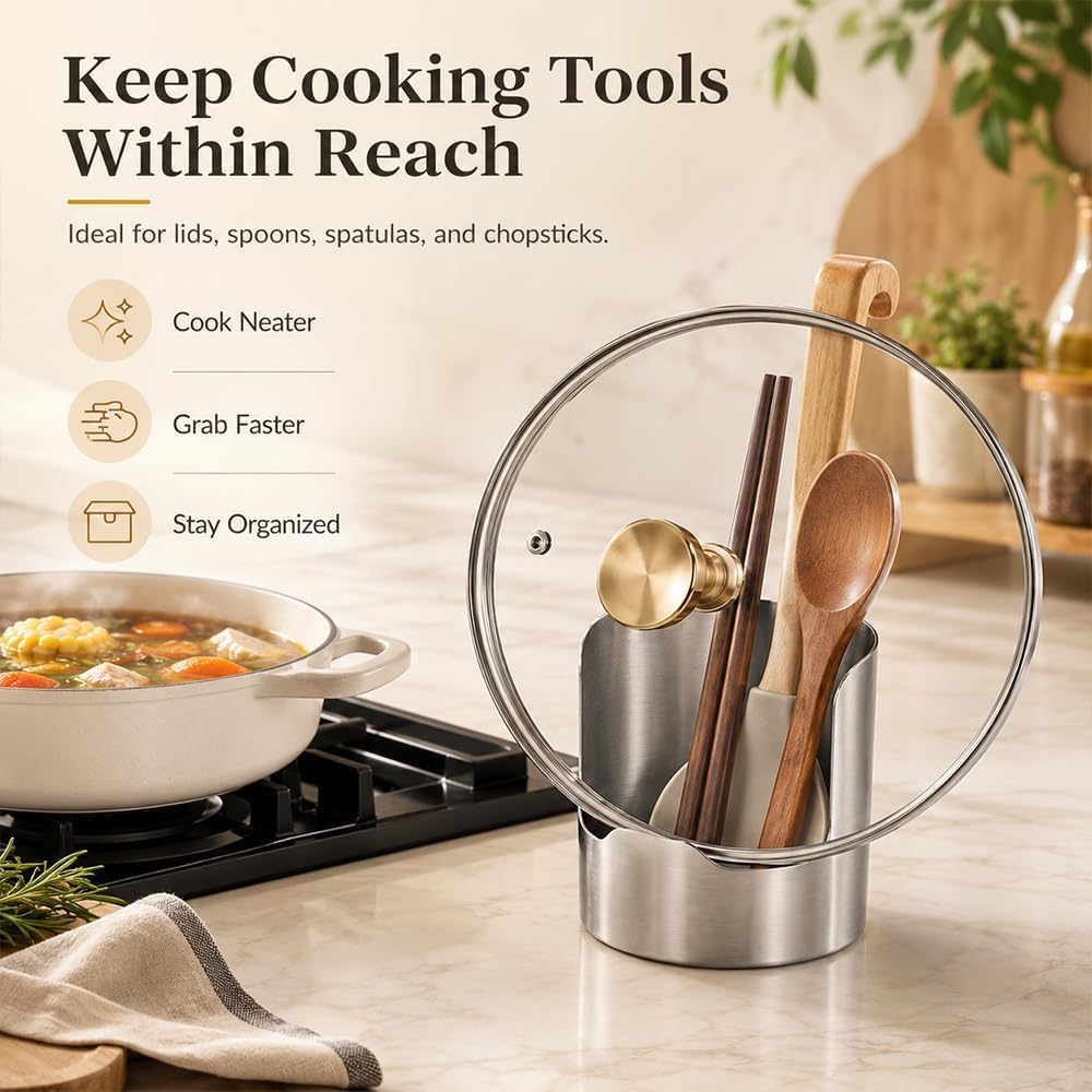 Kitchen countertop utensil holder keeping pot lid spoons and chopsticks within reach