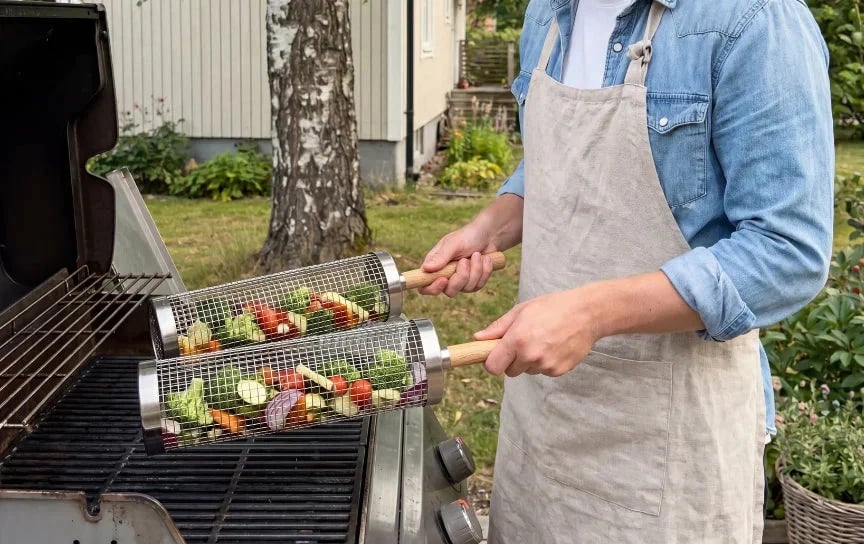 Placing the grill basket on the grill