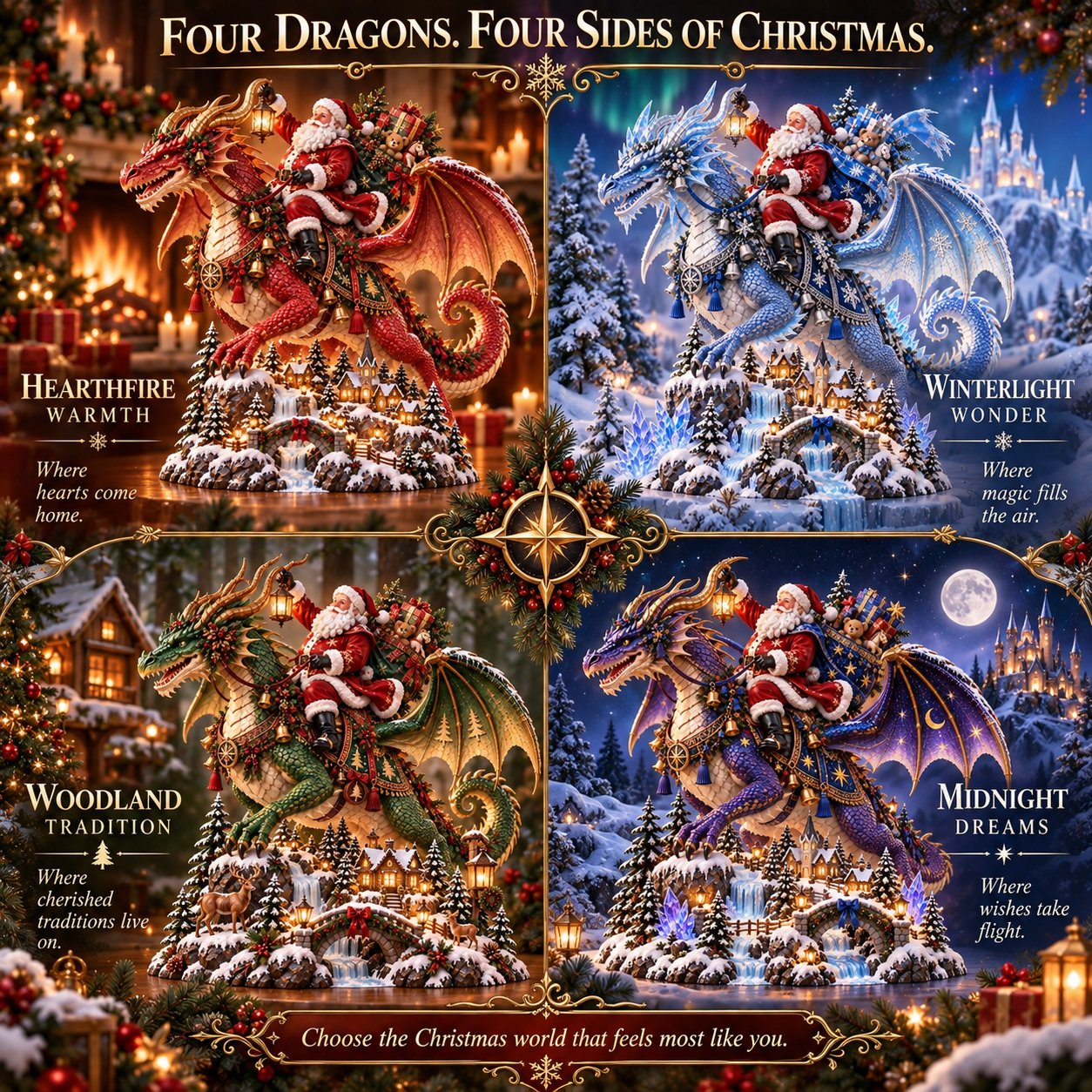 Four Santa Dragon Rider Christmas worlds